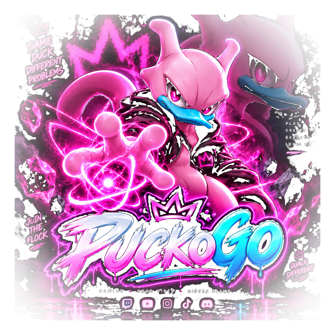 PUCKOGO logo — the neon wordmark with the mascot, a pink duck in a leather jacket